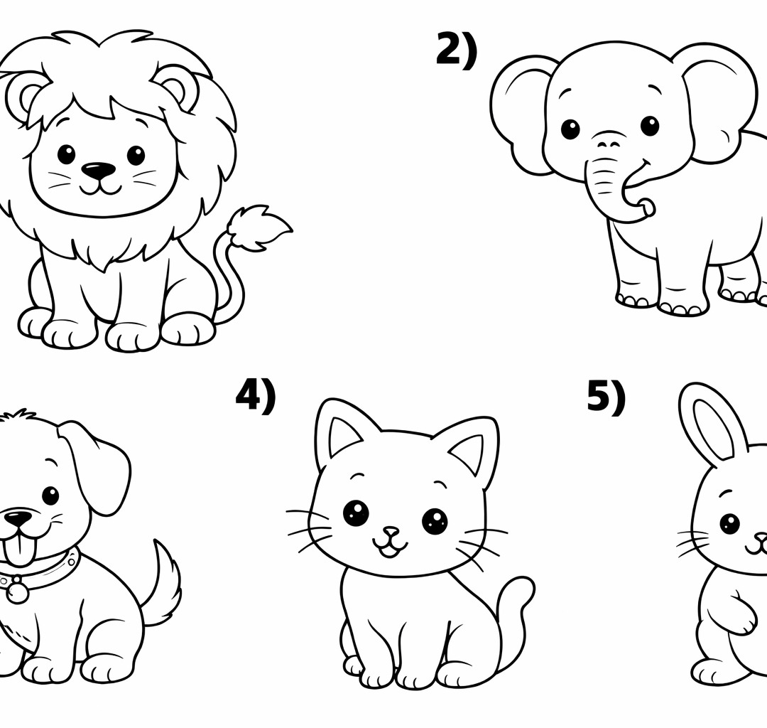 Cute Animal Coloring Pages for Kids (Lion, Elephant, Puppy, Cat, Bunny)
